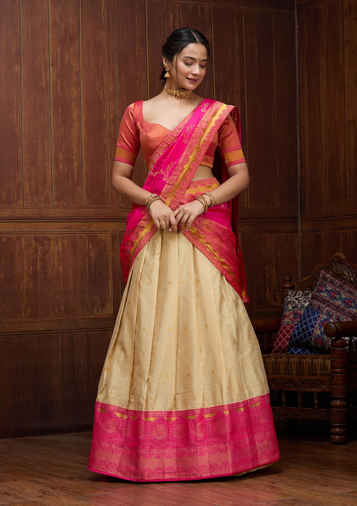 Beige Banarasi Readymade Lehenga-Koskii