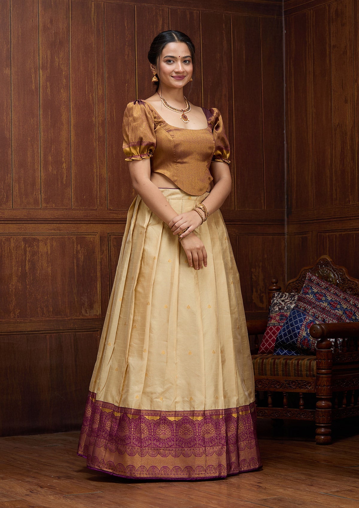 Beige  Banarasi Readymade Lehenga-Koskii