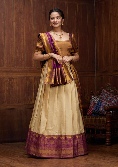 Beige  Banarasi Readymade Lehenga-Koskii