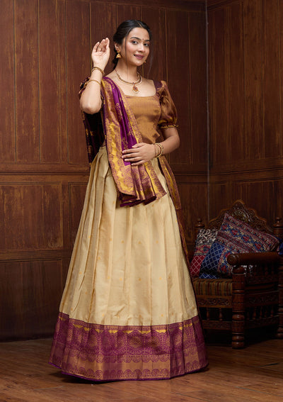 Beige  Banarasi Readymade Lehenga-Koskii