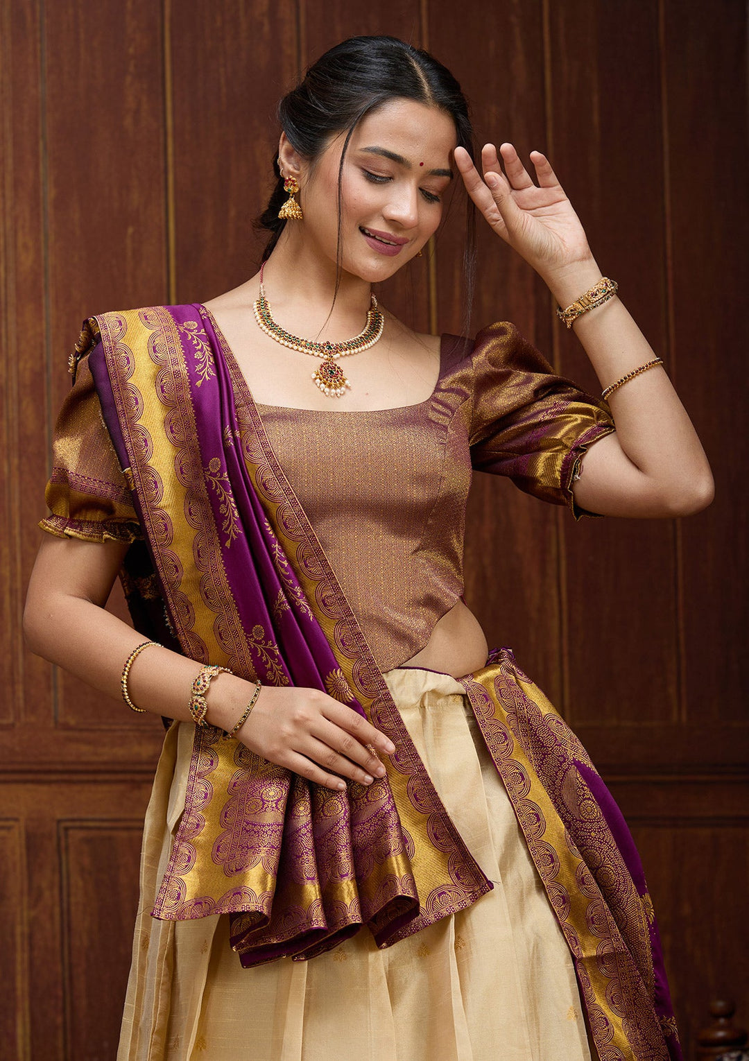Beige  Banarasi Readymade Lehenga-Koskii