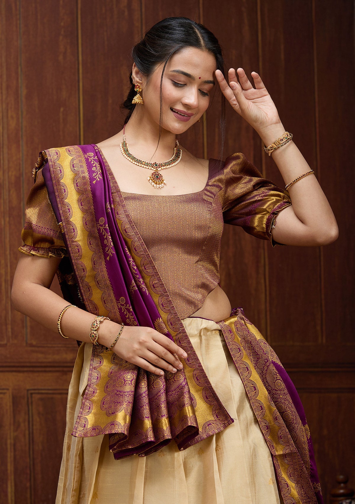 Beige  Banarasi Readymade Lehenga-Koskii