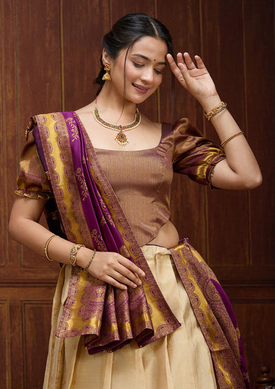 Beige  Banarasi Readymade Lehenga-Koskii