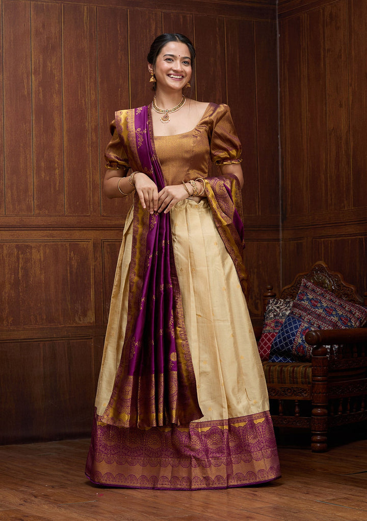 Beige  Banarasi Readymade Lehenga-Koskii