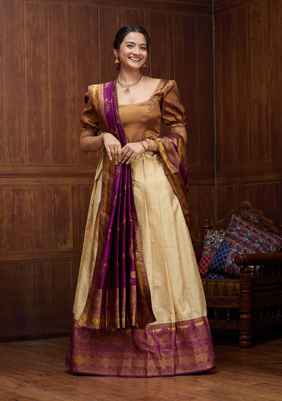 Beige  Banarasi Readymade Lehenga-Koskii