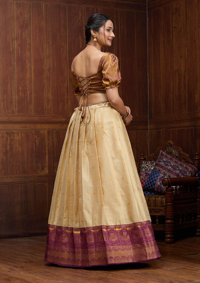 Beige  Banarasi Readymade Lehenga-Koskii