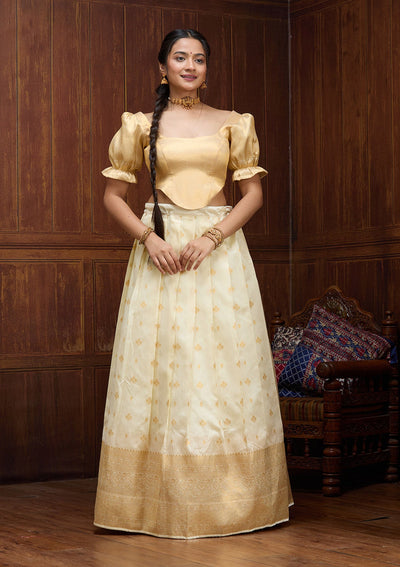 Off White  Banarasi Readymade Lehenga-Koskii
