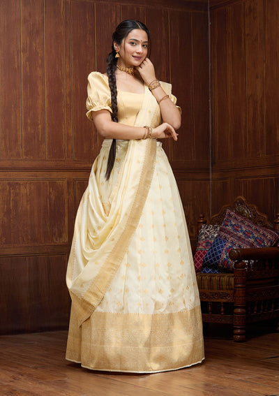 Off White  Banarasi Readymade Lehenga-Koskii
