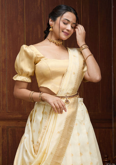 Off White  Banarasi Readymade Lehenga-Koskii