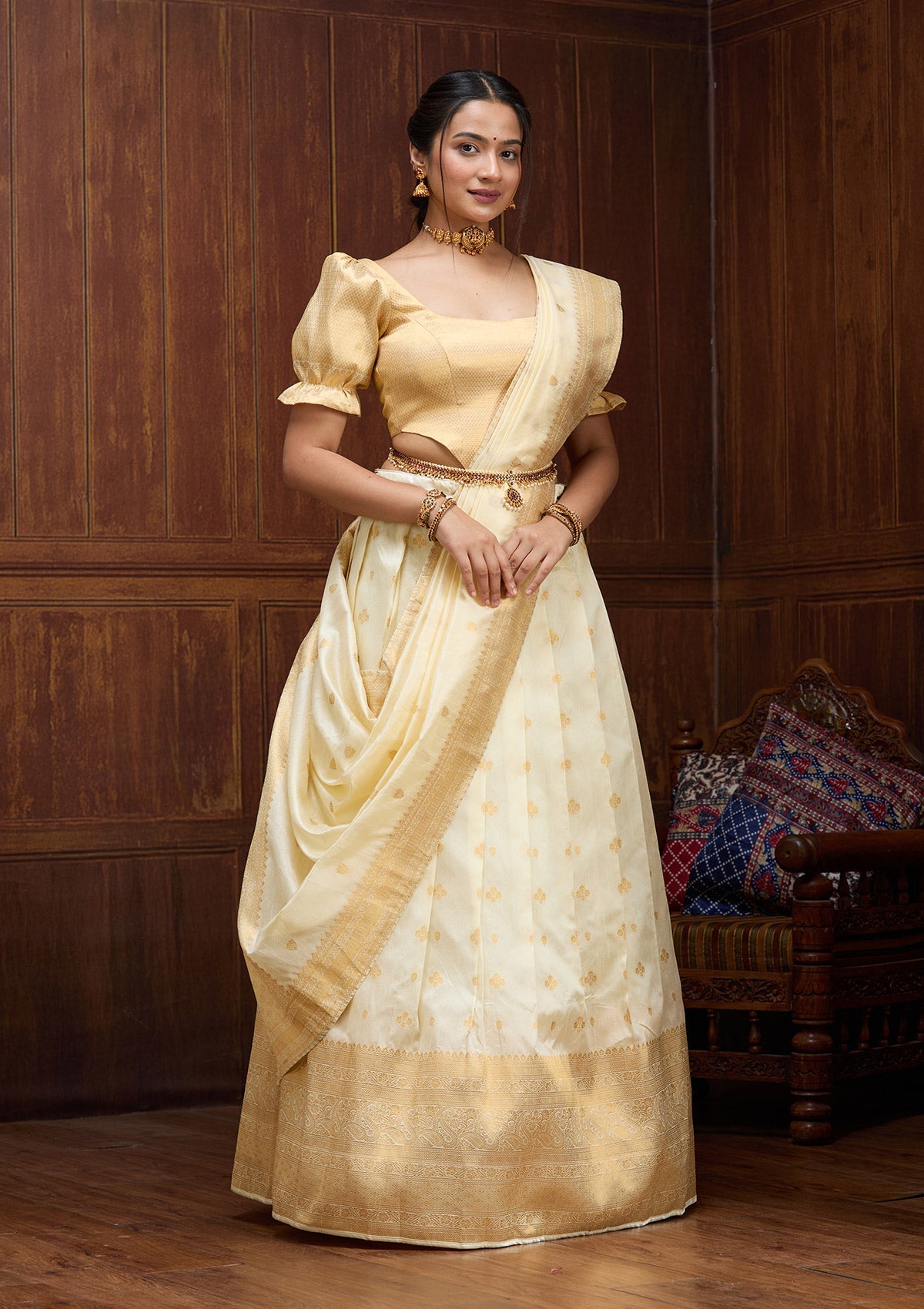 Off White  Banarasi Readymade Lehenga-Koskii