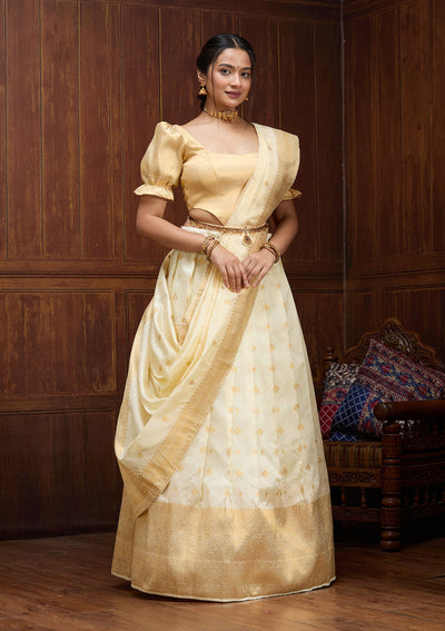 Off White  Banarasi Readymade Lehenga-Koskii
