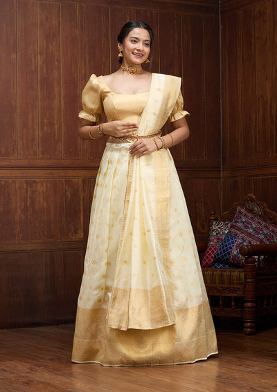 Off White  Banarasi Readymade Lehenga-Koskii