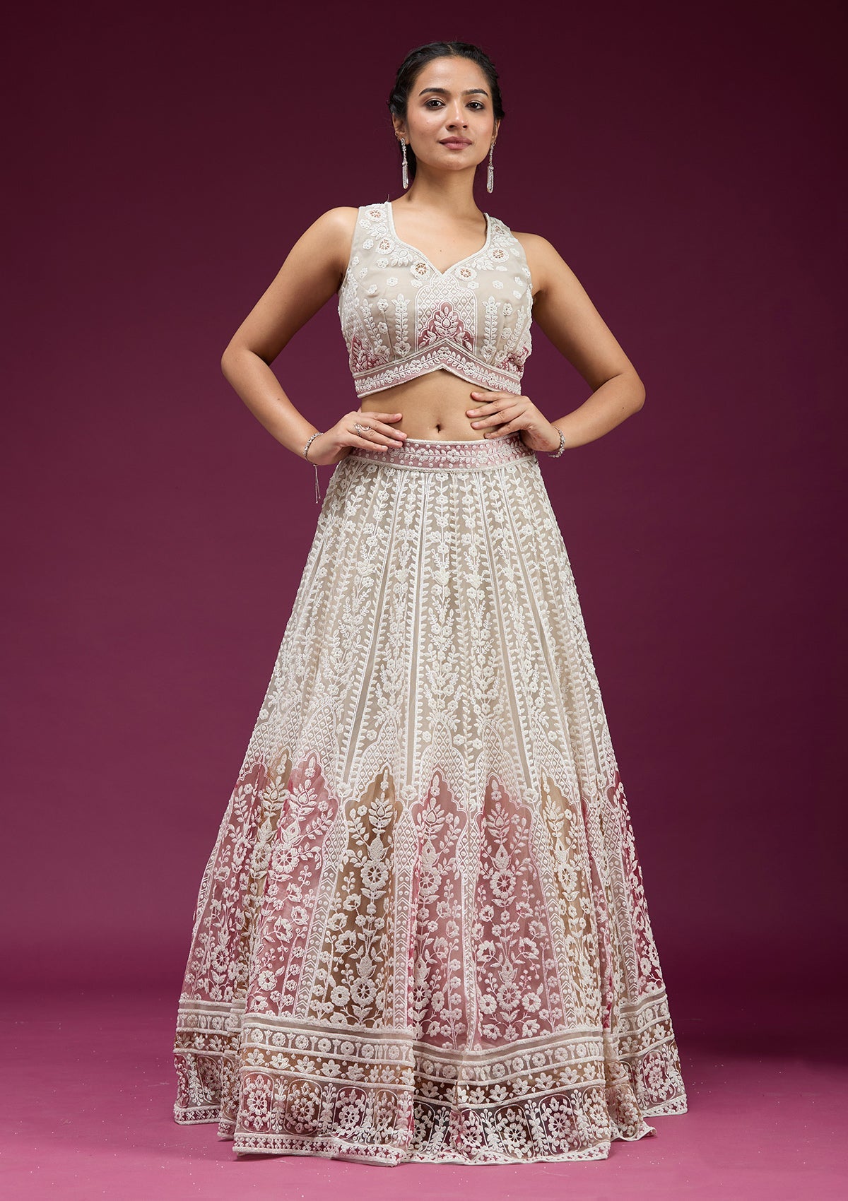 Beige Pearlwork Net Readymade Lehenga-koskii