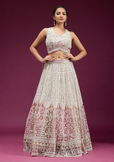 Beige Pearlwork Net Readymade Lehenga-koskii