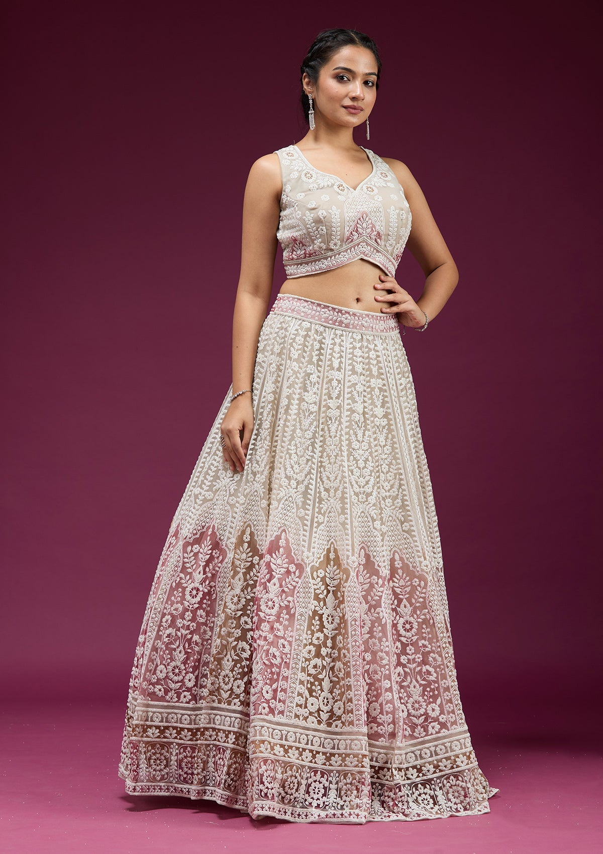 Beige Pearlwork Net Readymade Lehenga-koskii