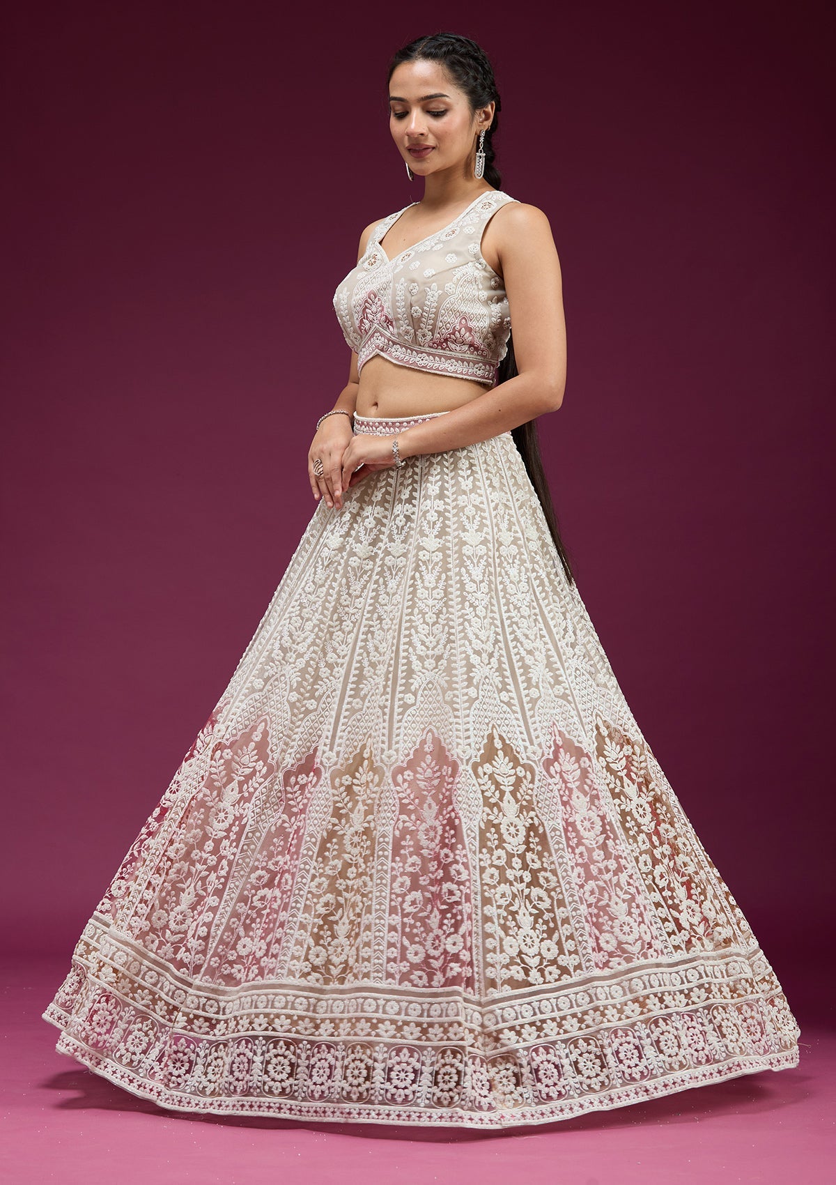 Beige Pearlwork Net Readymade Lehenga-koskii