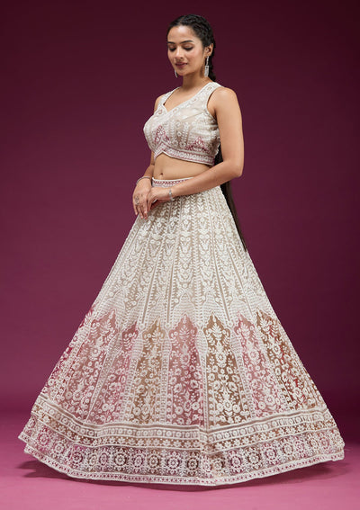 Beige Pearlwork Net Readymade Lehenga-koskii