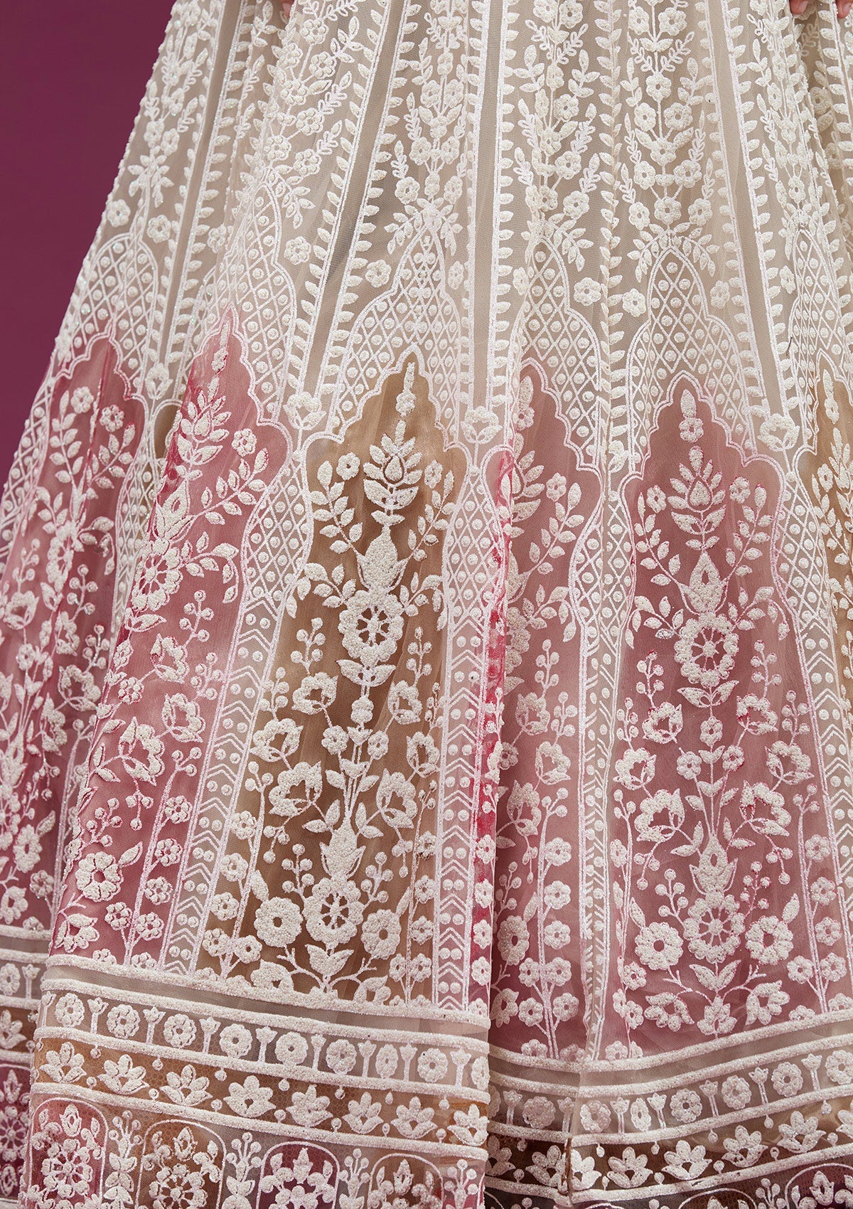 Beige Pearlwork Net Readymade Lehenga-koskii