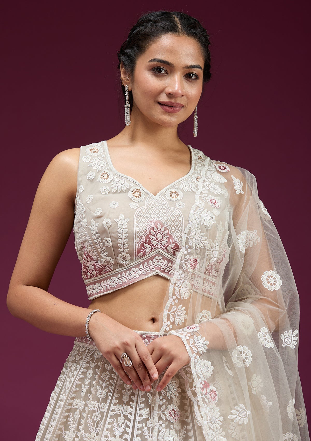 Beige Pearlwork Net Readymade Lehenga-koskii