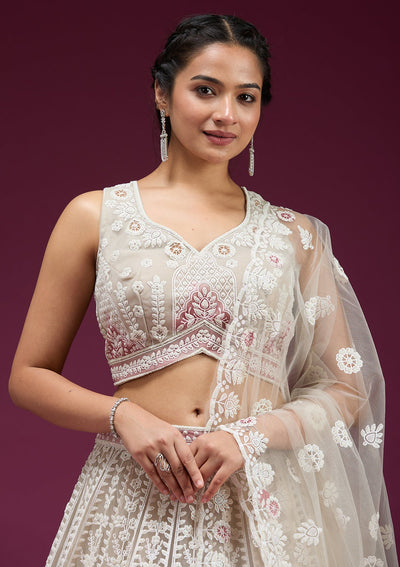 Beige Pearlwork Net Readymade Lehenga-koskii