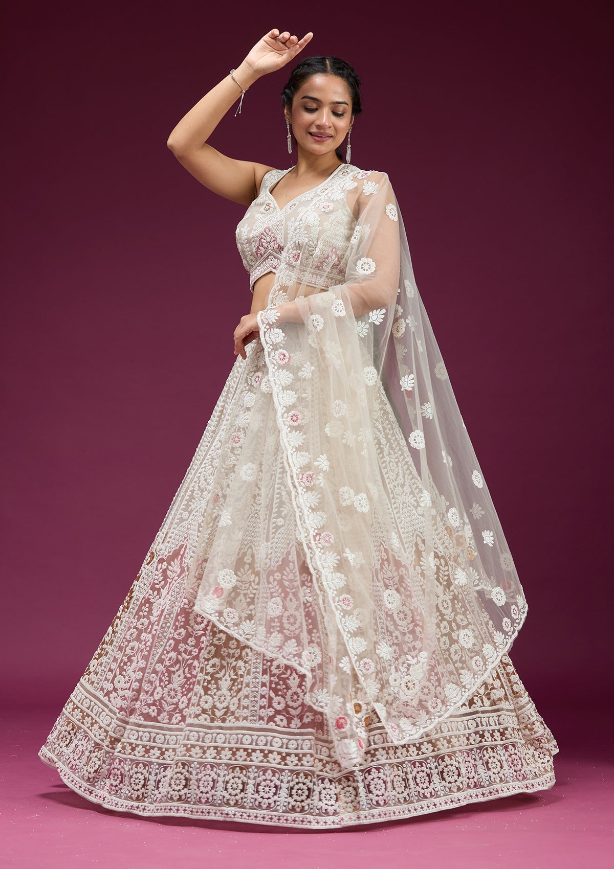 Beige Pearlwork Net Readymade Lehenga-koskii
