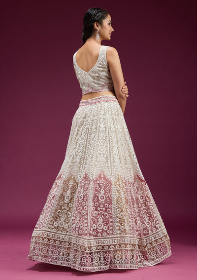 Beige Pearlwork Net Readymade Lehenga-koskii