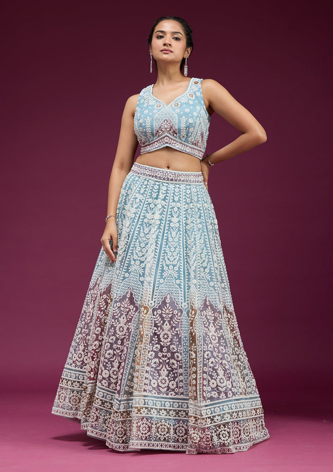 Sky Blue Pearlwork Net Readymade Lehenga-koskii