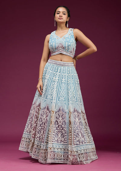 Sky Blue Pearlwork Net Readymade Lehenga-koskii