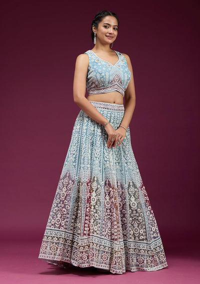 Sky Blue Pearlwork Net Readymade Lehenga-koskii