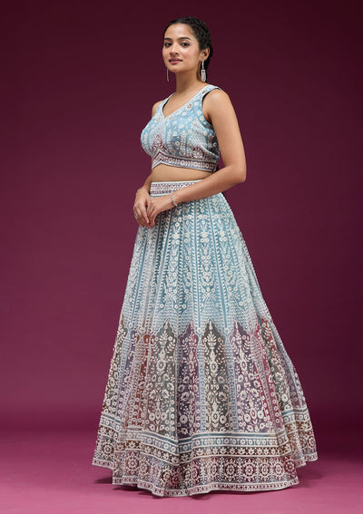 Sky Blue Pearlwork Net Readymade Lehenga-koskii