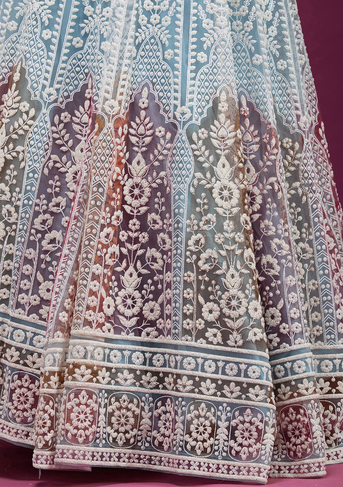 Sky Blue Pearlwork Net Readymade Lehenga-koskii