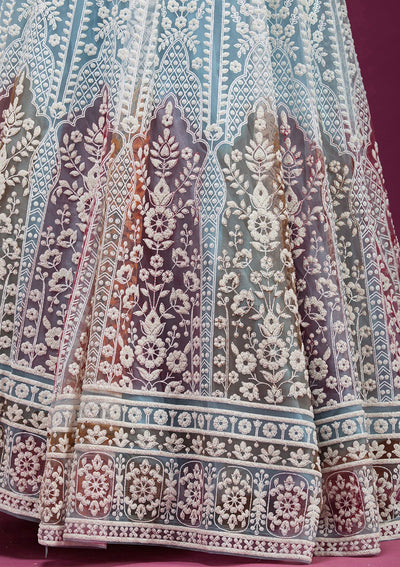Sky Blue Pearlwork Net Readymade Lehenga-koskii