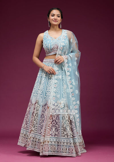 Sky Blue Pearlwork Net Readymade Lehenga-koskii