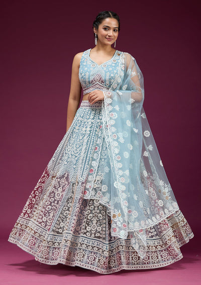 Sky Blue Pearlwork Net Readymade Lehenga-koskii