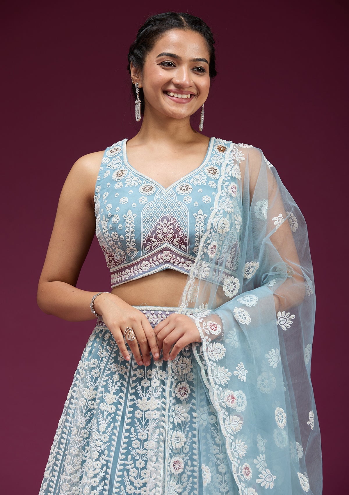 Sky Blue Pearlwork Net Readymade Lehenga-koskii