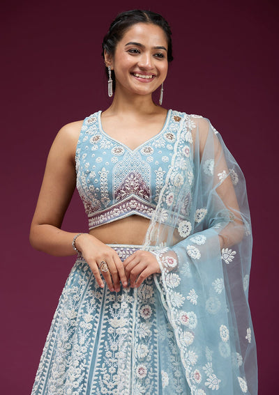 Sky Blue Pearlwork Net Readymade Lehenga-koskii