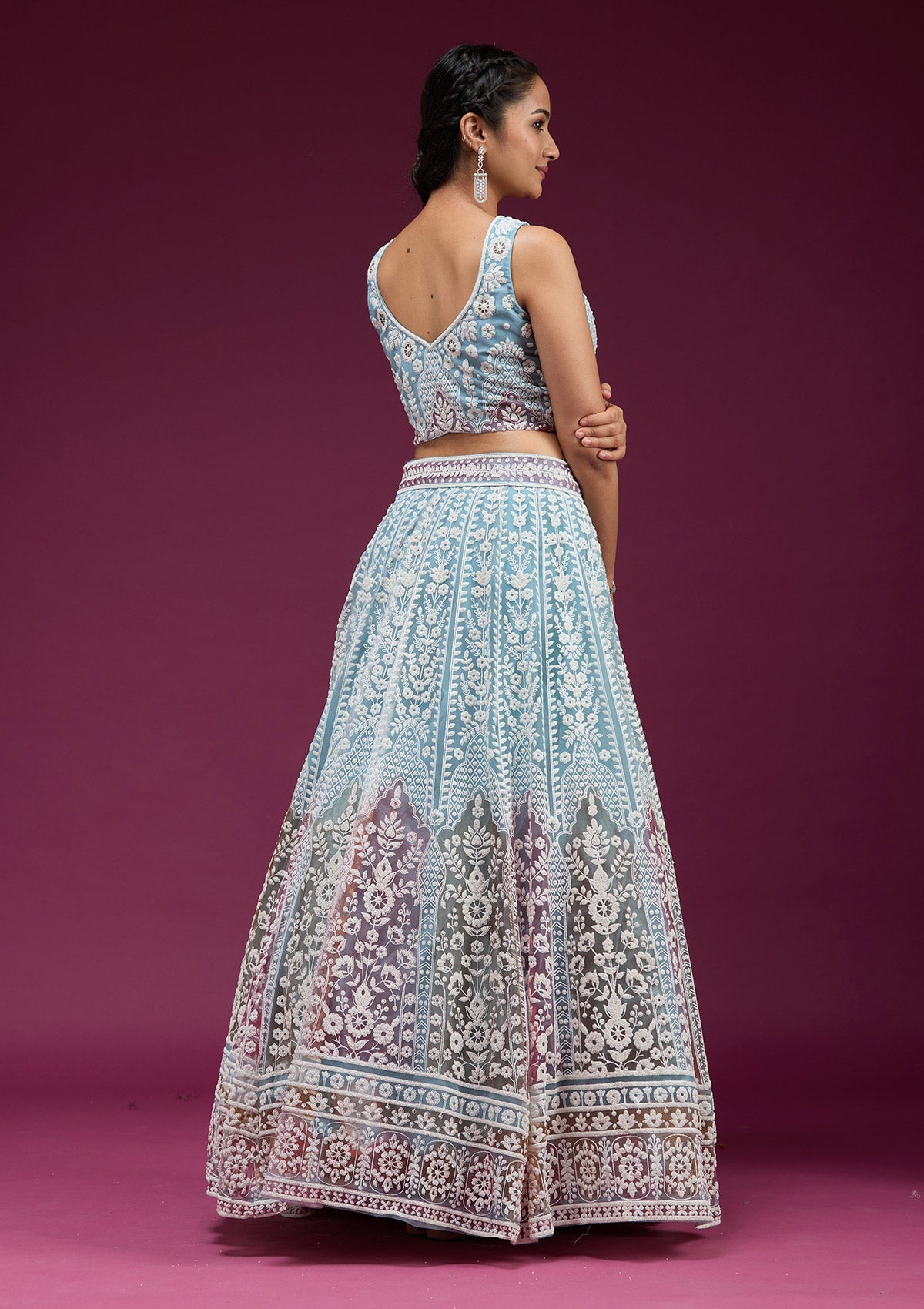 Sky Blue Pearlwork Net Readymade Lehenga-koskii
