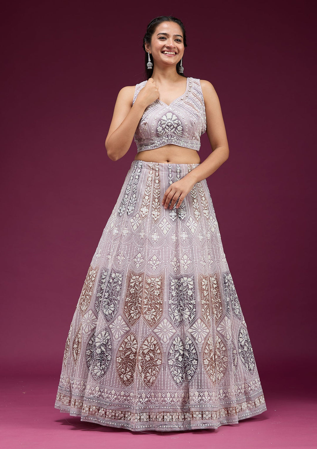 Beige Pearlwork Net Readymade Lehenga-koskii