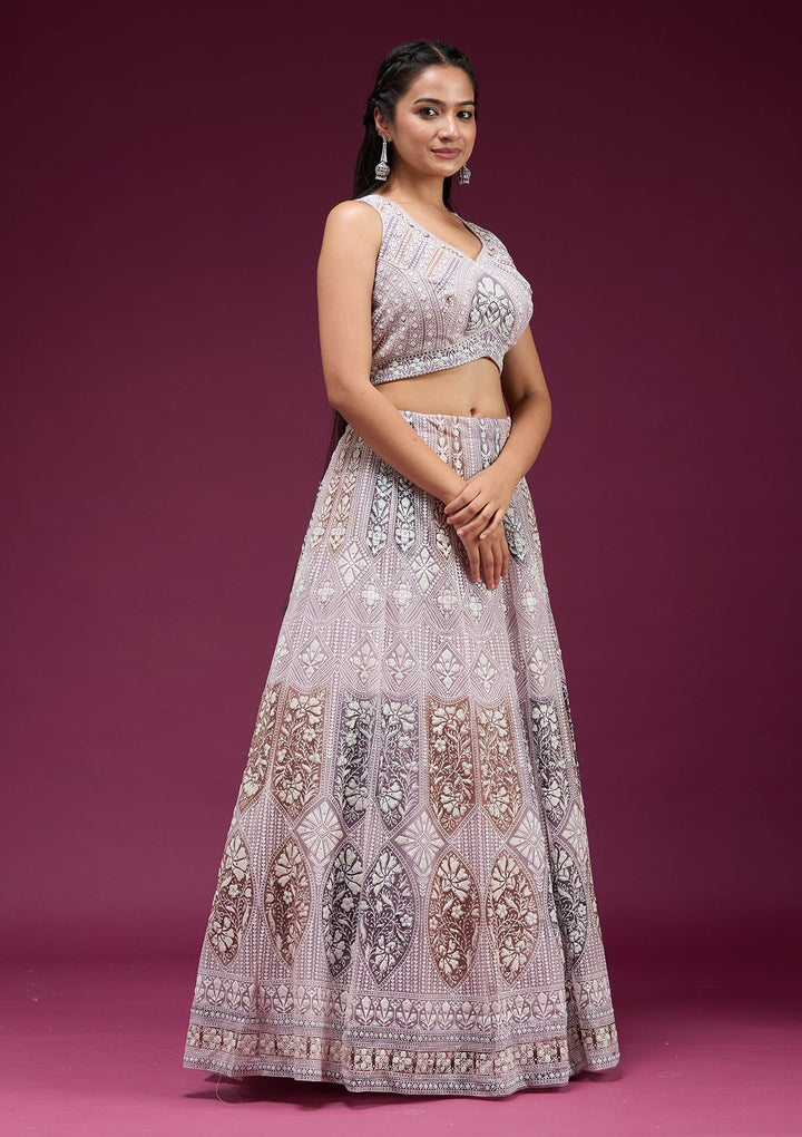 Beige Pearlwork Net Readymade Lehenga-koskii