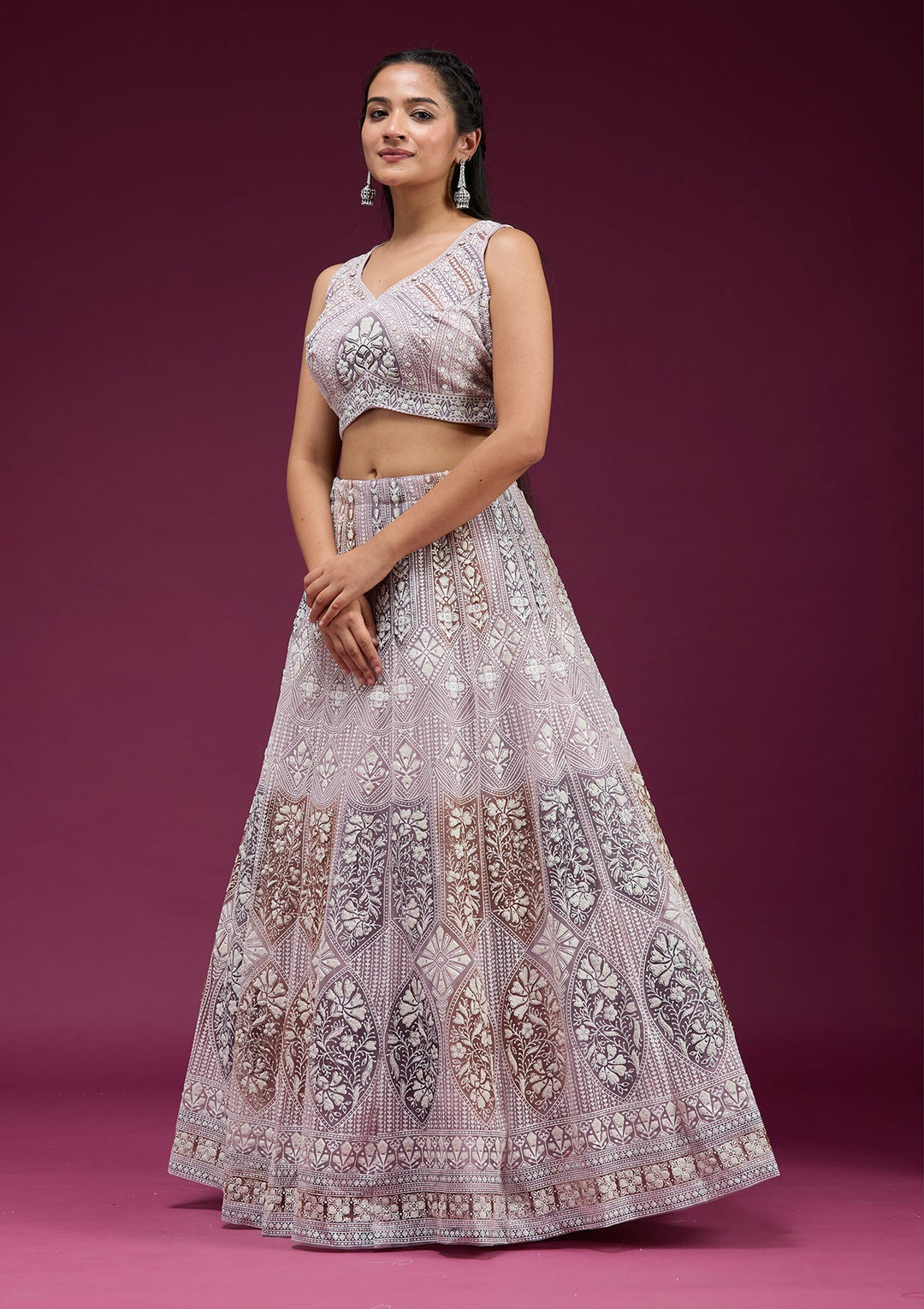 Beige Pearlwork Net Readymade Lehenga-koskii