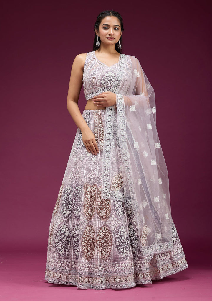 Beige Pearlwork Net Readymade Lehenga-koskii