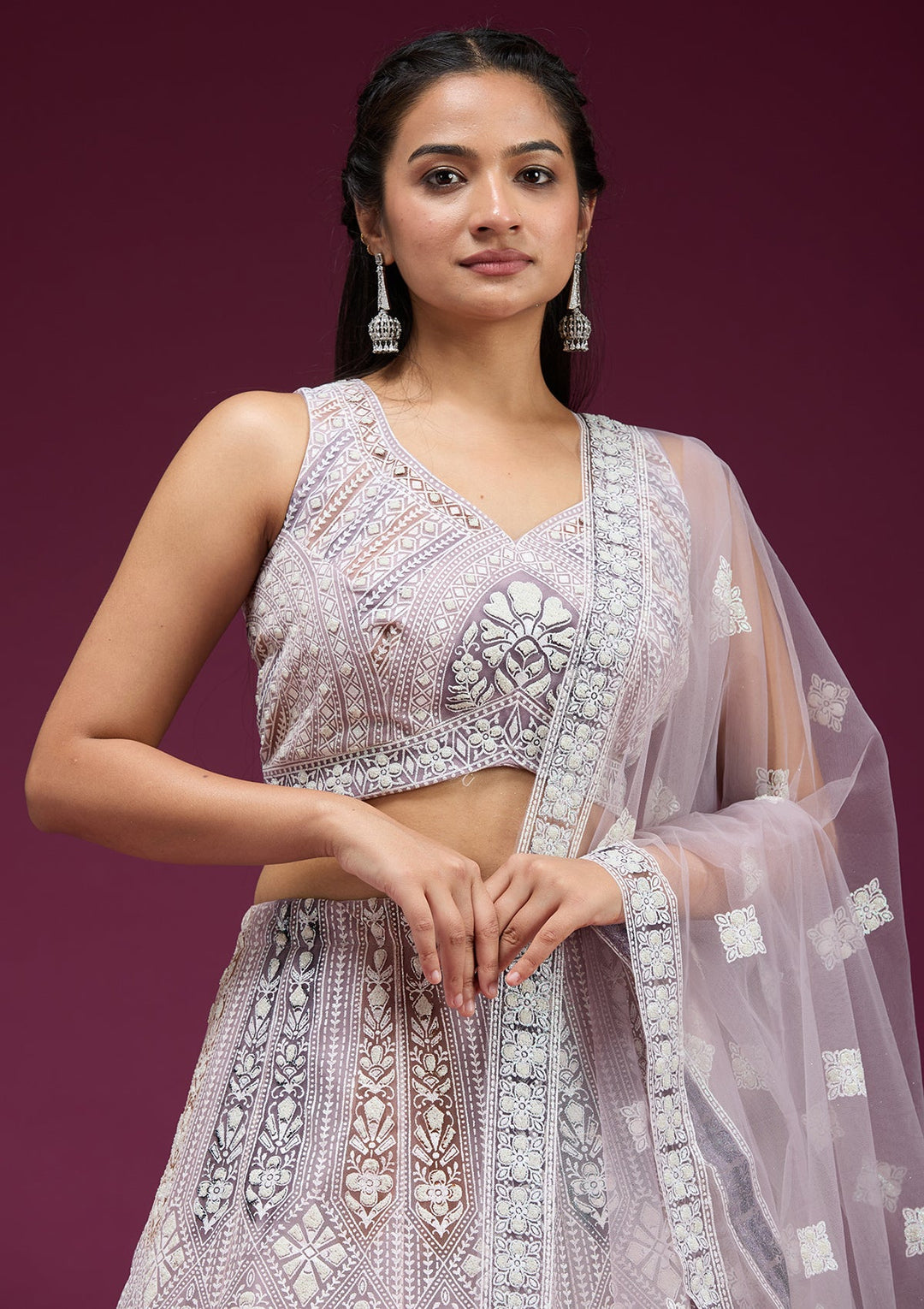 Beige Pearlwork Net Readymade Lehenga-koskii