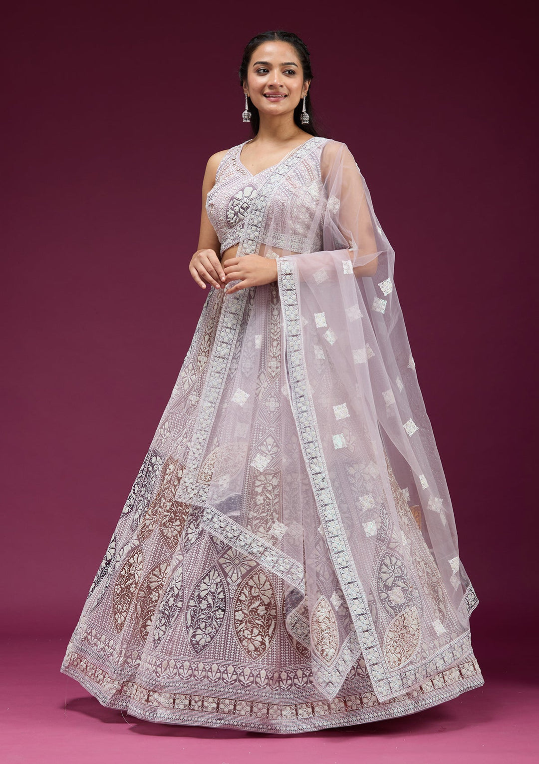 Beige Pearlwork Net Readymade Lehenga-koskii