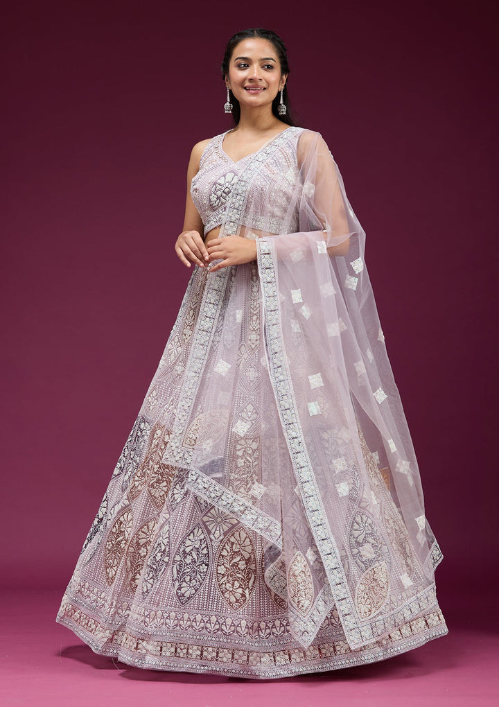 Beige Pearlwork Net Readymade Lehenga-koskii