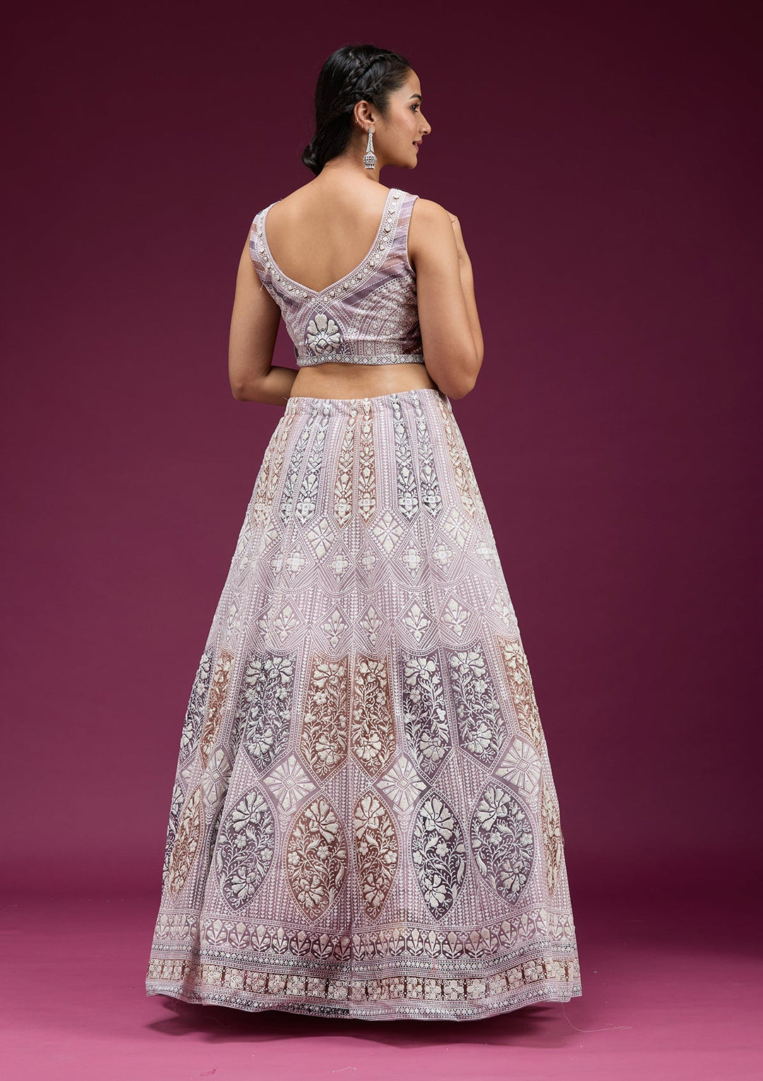 Beige Pearlwork Net Readymade Lehenga-koskii
