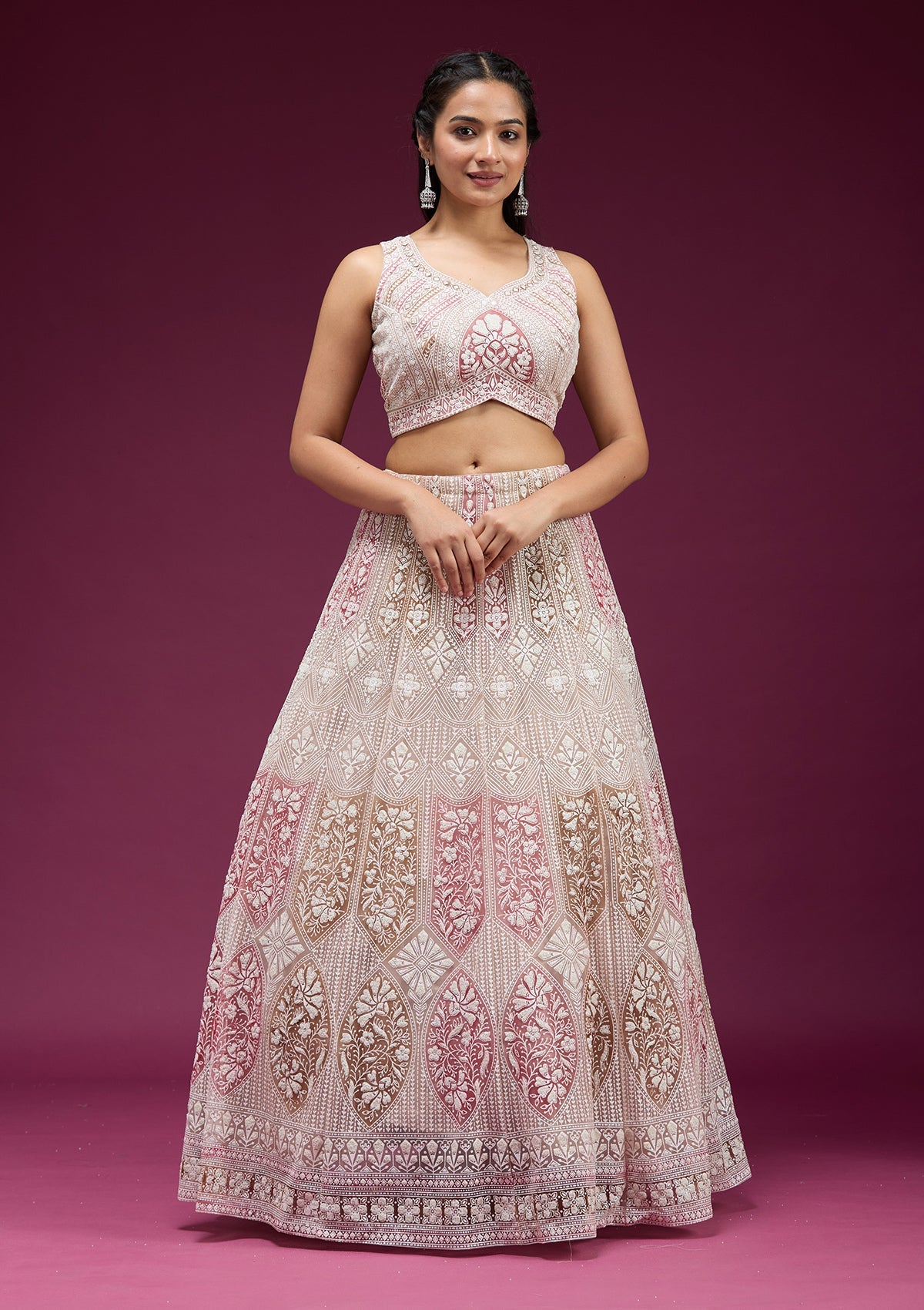 Beige Pearlwork Net Readymade Lehenga-koskii