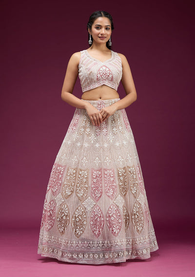 Beige Pearlwork Net Readymade Lehenga-koskii