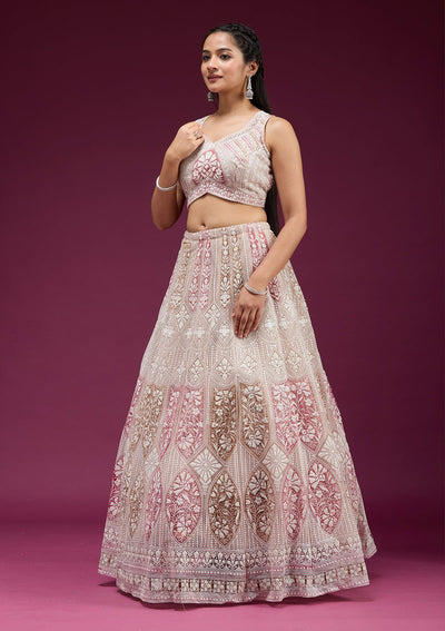 Beige Pearlwork Net Readymade Lehenga-koskii