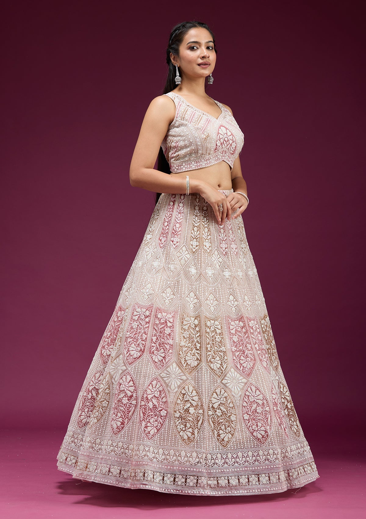 Beige Pearlwork Net Readymade Lehenga-koskii