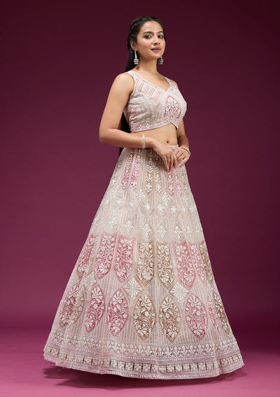 Beige Pearlwork Net Readymade Lehenga-koskii
